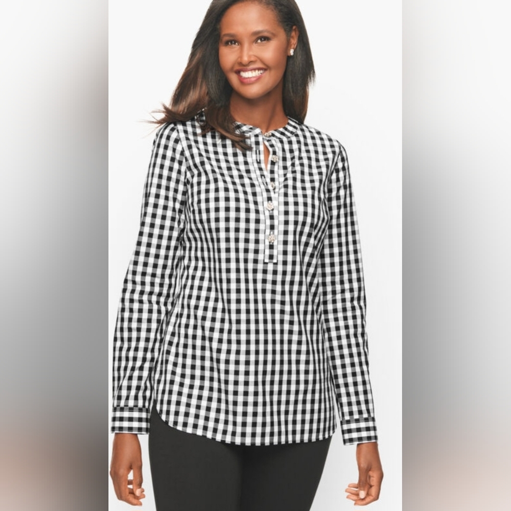 NWT Talbots Band Collar Buffalo Checked Gingham  Tunic with Jeweled Buttons 3X